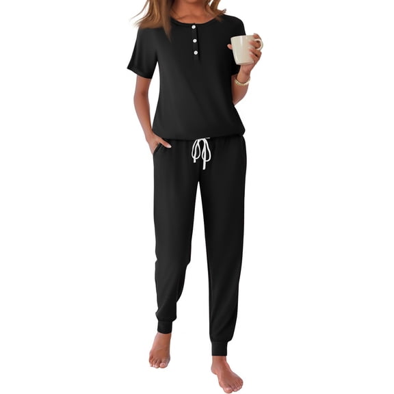 Fantaslook Pajamas Sets for Women Short Sleeve Henley Shirt and Pants With Drawstring Casual Lounge Wear Sets Summer Outfits