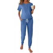 FANTASLOOK Pajamas Sets for Women Short Sleeve Henley Shirt and Pants With Drawstring Casual Lounge Wear Sets Summer Outfits