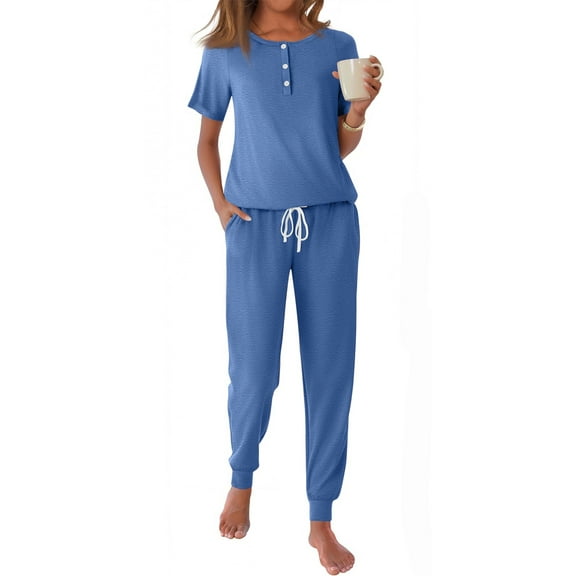 Fantaslook Pajamas Sets for Women Short Sleeve Henley Shirt and Pants With Drawstring Casual Lounge Wear Sets Summer Outfits