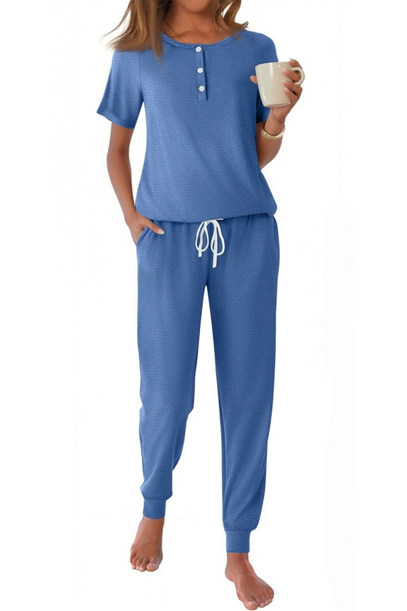 Pajamas Sets for Women Short Sleeve Henley Shirt and Pants With Drawstring Casual Lounge Wear Sets Summer Outfits
