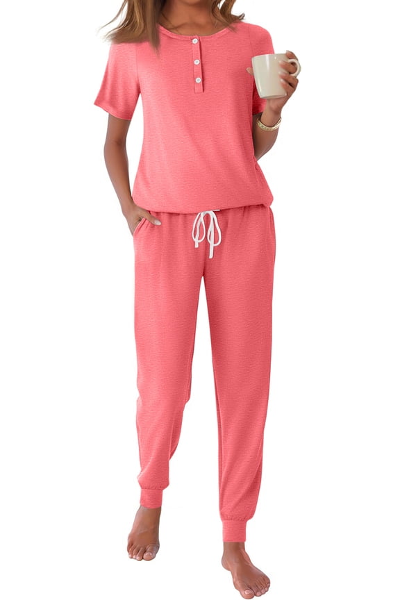 Pajamas Sets for Women Short Sleeve Henley Shirt and Pants With Drawstring Casual Lounge Wear Sets Summer Outfits