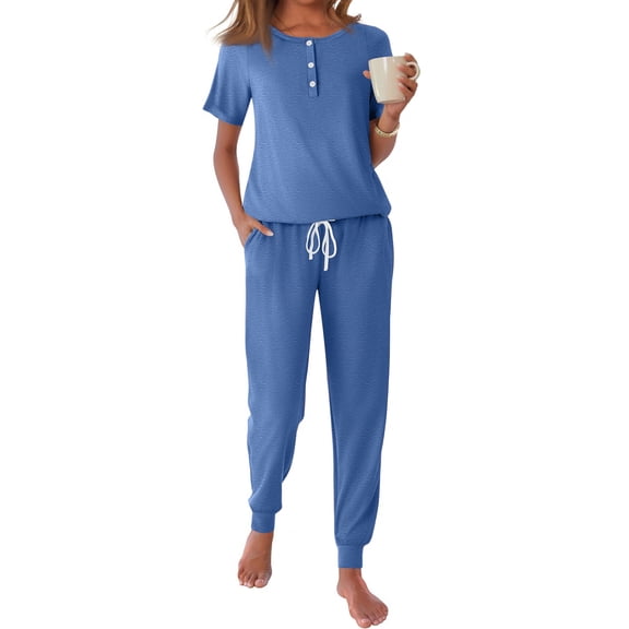 Fantaslook Pajamas Sets for Women Short Sleeve Henley Shirt and Pants With Drawstring Casual Lounge Wear Sets Summer Outfits