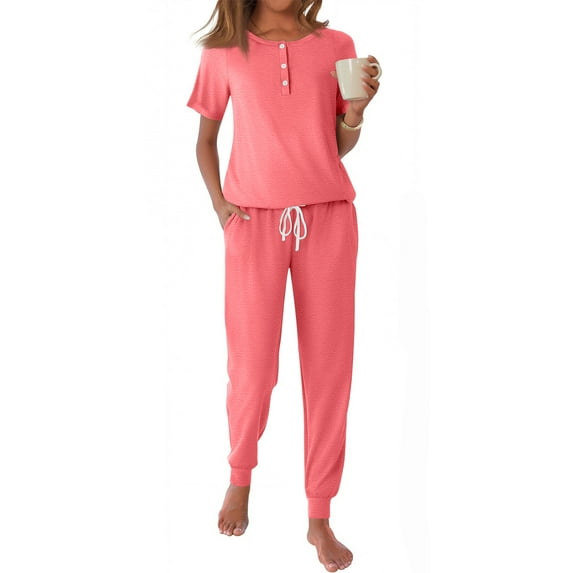 Fantaslook Pajamas Sets for Women Short Sleeve Henley Shirt and Pants With Drawstring Casual Lounge Wear Sets Summer Outfits