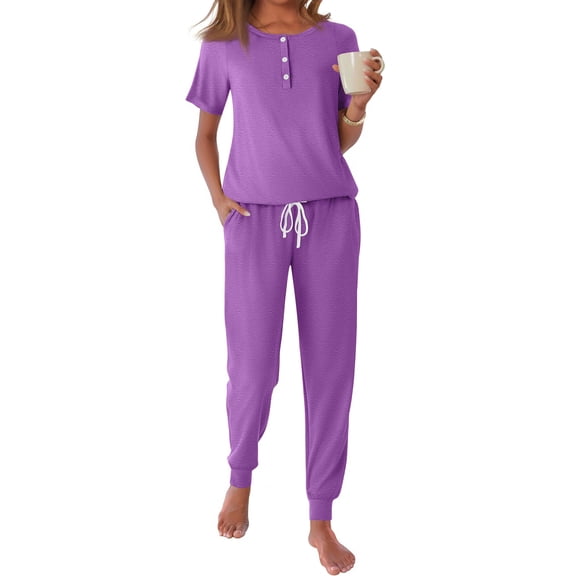Fantaslook Pajamas Sets for Women Short Sleeve Henley Shirt and Pants With Drawstring Casual Lounge Wear Sets Summer Outfits