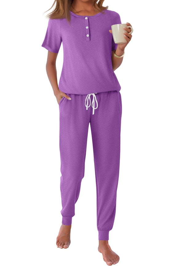 Pajamas Sets for Women Short Sleeve Henley Shirt and Pants With Drawstring Casual Lounge Wear Sets Summer Outfits