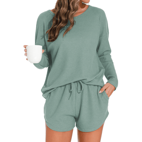 Fantaslook Pajamas Sets for Women Waffle Knit Lounge Sets Long Sleeve Top and Shorts Outfits Loungewear with Pockets
