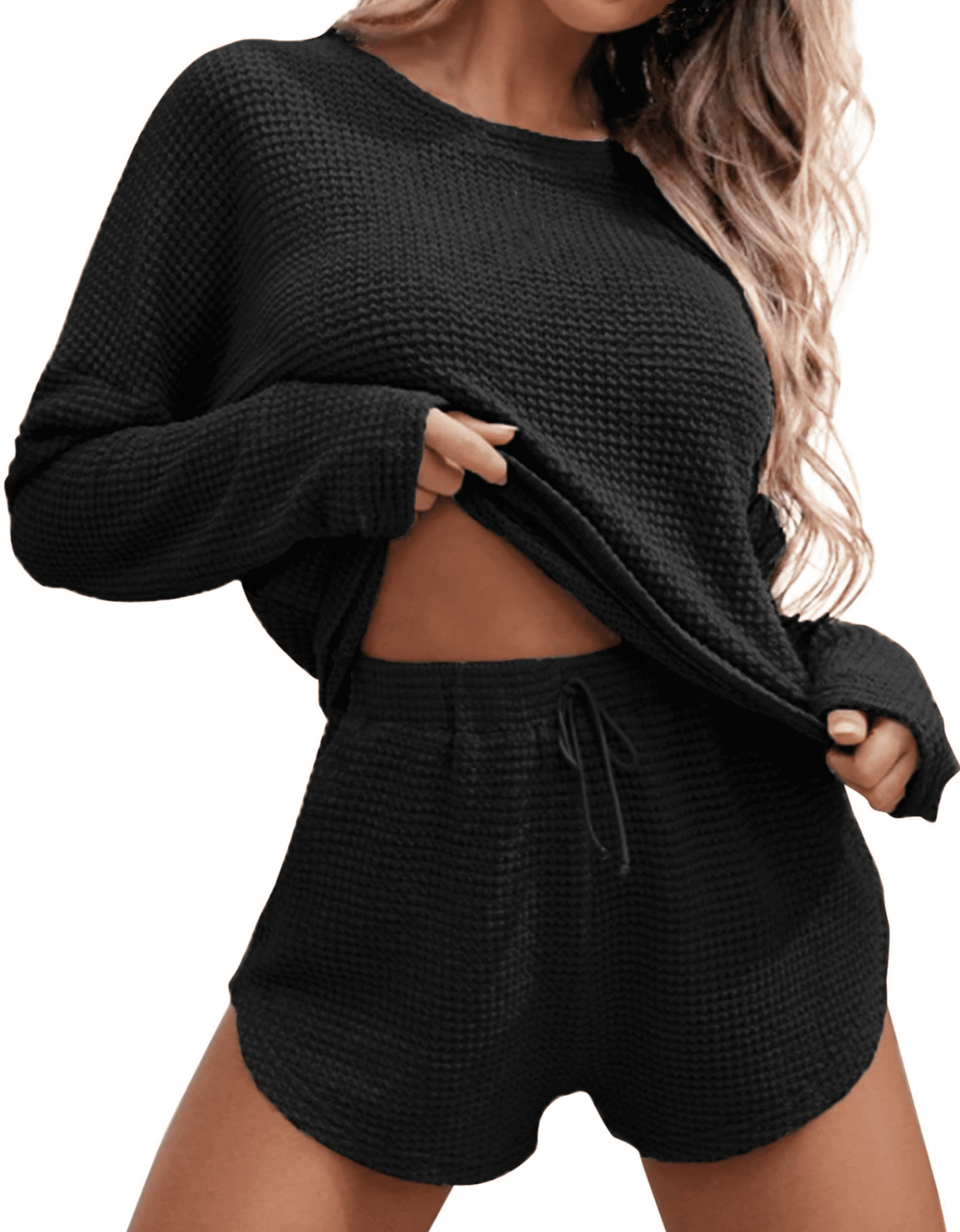 Fantaslook Pajamas Sets For Women Waffle Knit Lounge Sets Long Sleeve Top And Shorts Outfits Loungewear With Pockets