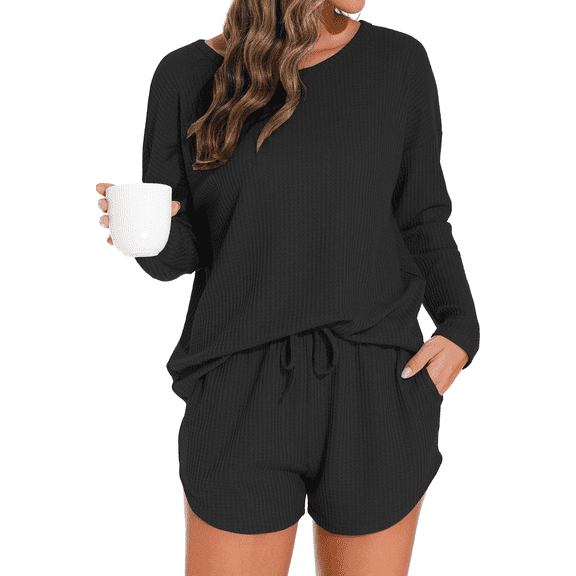 Fantaslook Pajamas Sets for Women Waffle Knit Lounge Sets Long Sleeve Top and Shorts Outfits Loungewear with Pockets