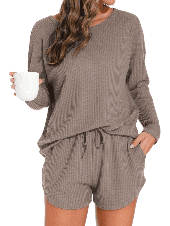 Pajamas Sets for Women Waffle Knit Lounge Sets Long Sleeve Top and Shorts Outfits Loungewear with Pockets