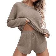 Fantaslook Pajamas Sets for Women Waffle Knit Lounge Sets Long Sleeve Top and Shorts Outfits Loungewear with Pockets