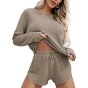 Fantaslook Pajamas Sets for Women Waffle Knit Lounge Sets Long Sleeve Top and Shorts Outfits Loungewear with Pockets