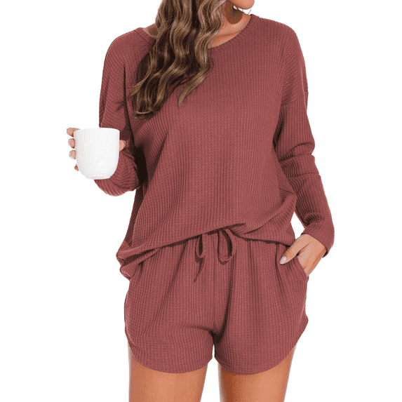 Fantaslook Pajamas Sets for Women Waffle Knit Lounge Sets Long Sleeve Top and Shorts Outfits Loungewear with Pockets