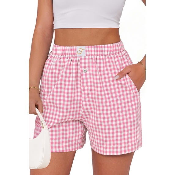 Fantaslook Plaid Shorts for Women Button Gingham Cotton Shorts Summer Lounge Boxers Beach Shorts with Pocket