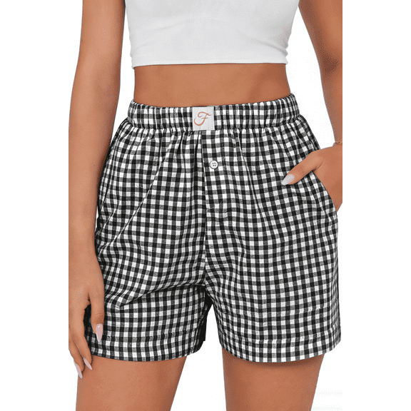 Fantaslook Plaid Shorts for Women Button Gingham Cotton Shorts Summer Lounge Boxers Beach Shorts with Pocket