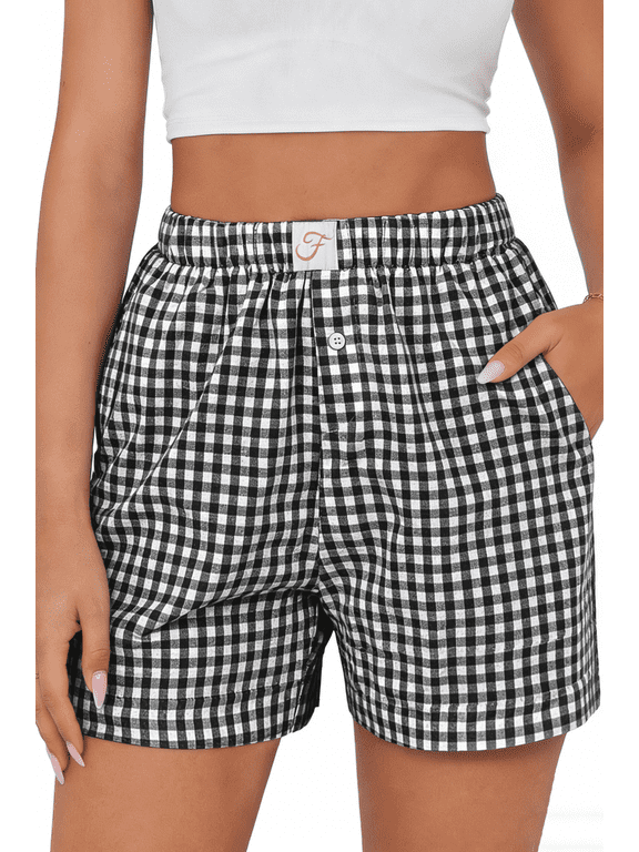 Plaid Shorts for Women Button Gingham Cotton Shorts Summer Lounge Boxers Beach Shorts with Pocket