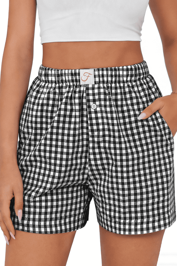 Plaid Shorts for Women Button Gingham Cotton Shorts Summer Lounge Boxers Beach Shorts with Pocket