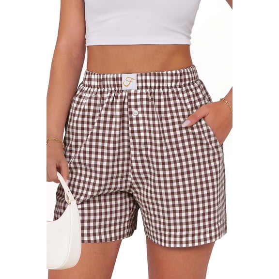 Fantaslook Plaid Shorts for Women Button Gingham Cotton Shorts Summer Lounge Boxers Beach Shorts with Pocket