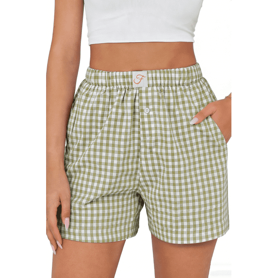 Fantaslook Plaid Shorts for Women Button Gingham Cotton Shorts Summer Lounge Boxers Beach Shorts with Pocket