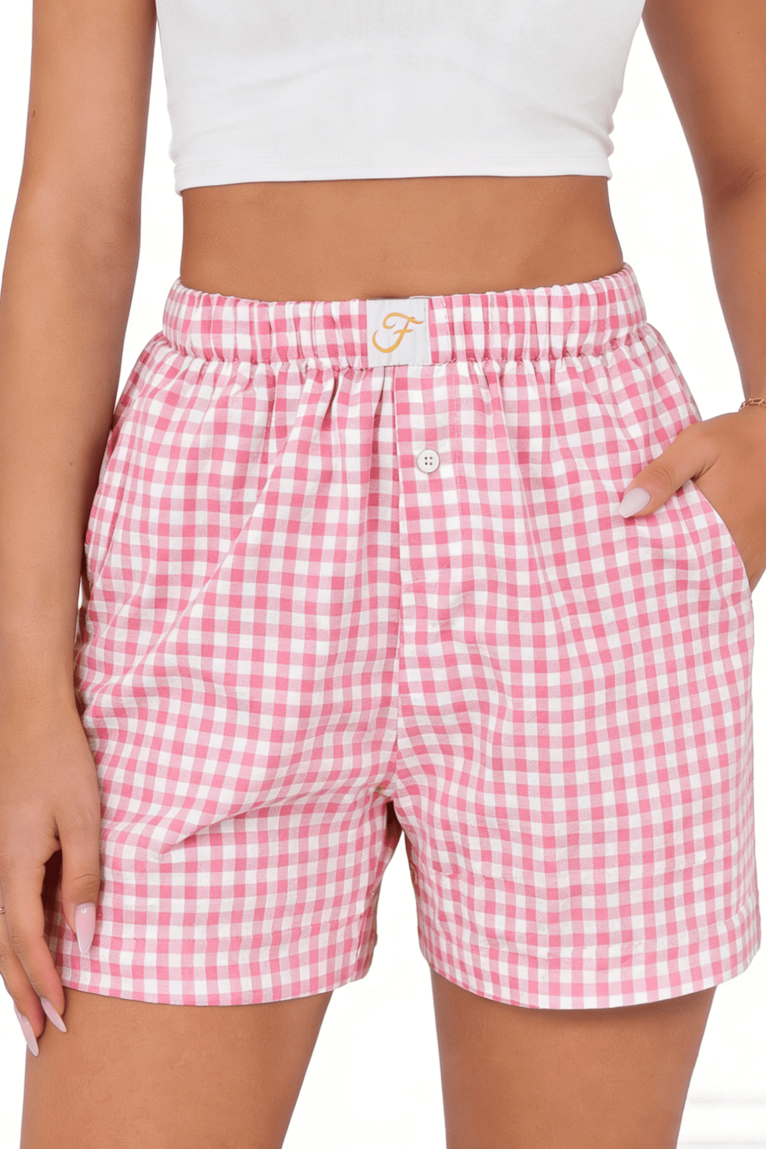 Fantaslook Plaid Shorts for Women Button Gingham Cotton Shorts Summer Lounge Boxers Beach Shorts with Pocket