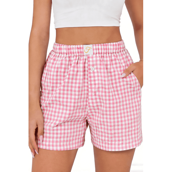 Fantaslook Plaid Shorts for Women Button Gingham Cotton Shorts Summer Lounge Boxers Beach Shorts with Pocket