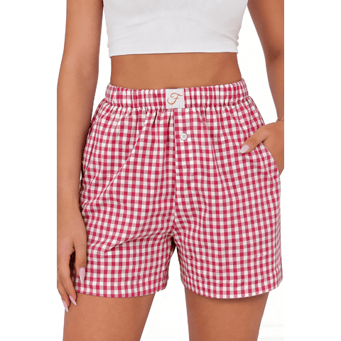 Plaid Shorts for Women Button Gingham Cotton Shorts Summer Lounge Boxers Beach Shorts with Pocket