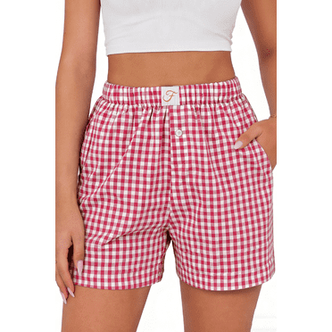 Fantaslook Plaid Shorts for Women Button Gingham Cotton Shorts Summer Lounge Boxers Beach Shorts with Pocket