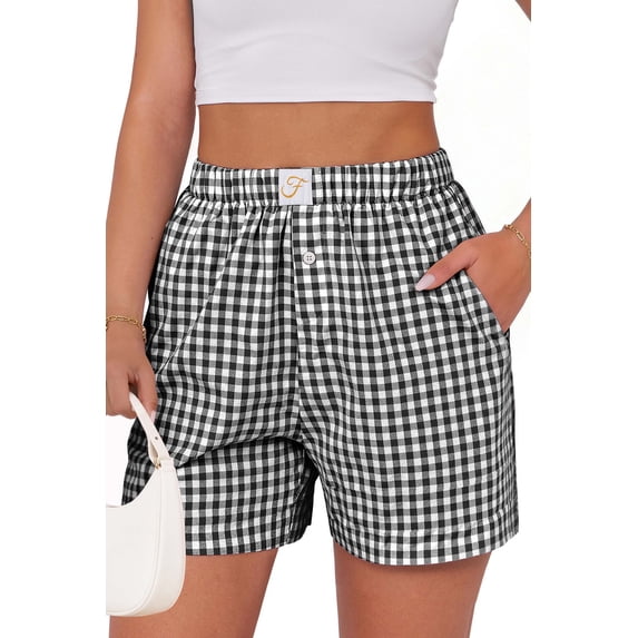 Fantaslook Plaid Shorts for Women Button Gingham Cotton Shorts Summer Lounge Boxers Beach Shorts with Pocket