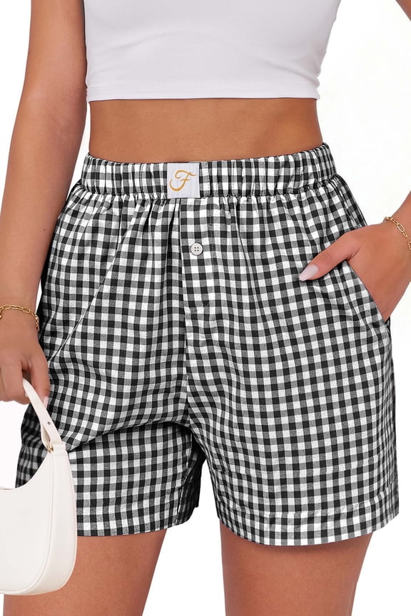 Plaid Shorts for Women Button Gingham Cotton Shorts Summer Lounge Boxers Beach Shorts with Pocket