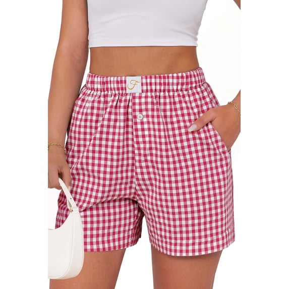 Fantaslook Plaid Shorts for Women Button Gingham Cotton Shorts Summer Lounge Boxers Beach Shorts with Pocket