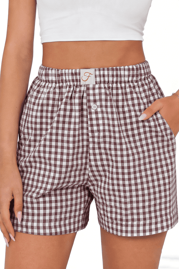 Plaid Shorts for Women Button Gingham Cotton Shorts Summer Lounge Boxers Beach Shorts with Pocket