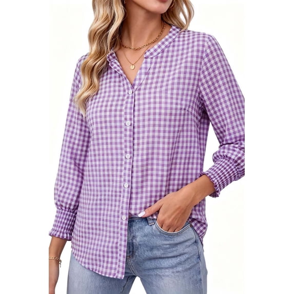 Fantaslook Plaid Womens Button Down Shirts 3/4 Sleeve V neck Tops with Smocked Cuffs Dressy Cotton Blouses