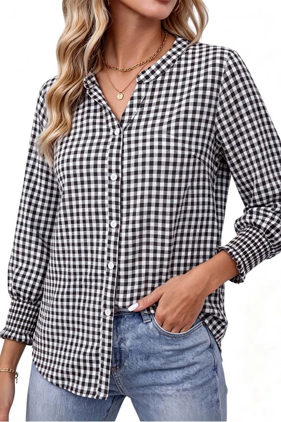 Plaid Womens Button Down Shirts 3/4 Sleeve V neck Tops with Smocked Cuffs Dressy Cotton Blouses