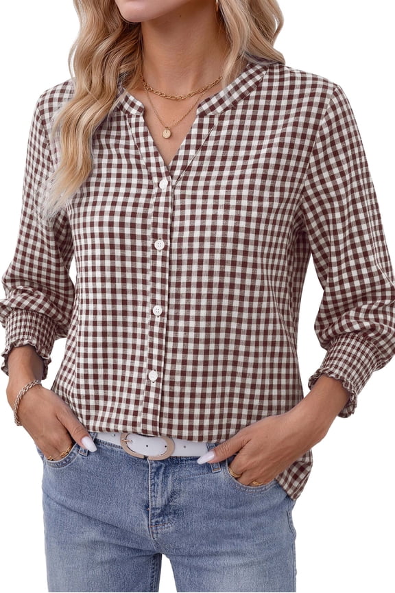 Plaid Button Down Shirts for Women V neck 3/4 Sleeve Shirt with Smocked Cuffs Dressy Cotton Blouses Tops