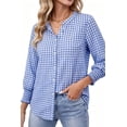 thumbnail image 1 of Fantaslook Plaid Womens Button Down Shirts 3/4 Sleeve V neck Tops with Smocked Cuffs Dressy Cotton Blouses, 1 of 10