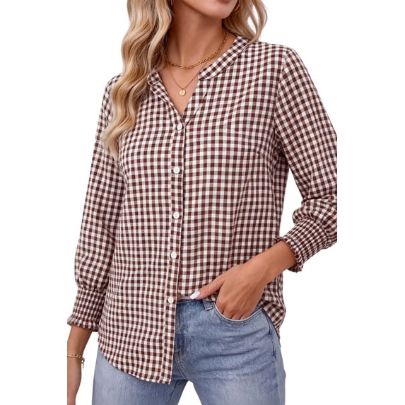 Fantaslook Plaid Womens Button Down Shirts 3/4 Sleeve V neck Tops with Smocked Cuffs Dressy Cotton Blouses