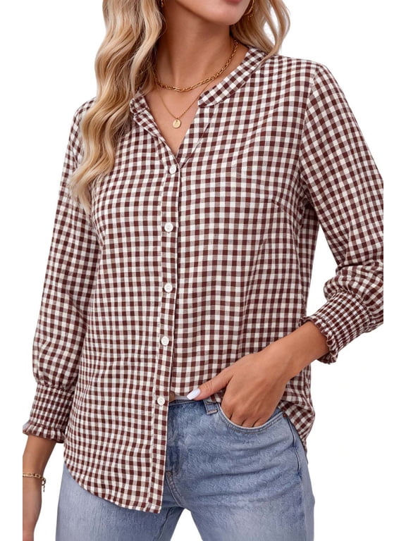 Plaid Womens Button Down Shirts 3/4 Sleeve V neck Tops with Smocked Cuffs Dressy Cotton Blouses