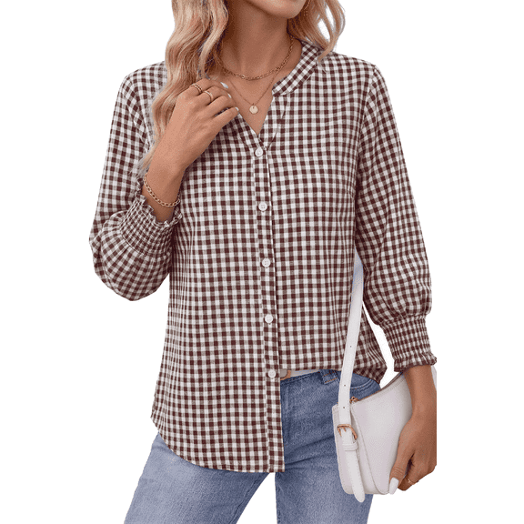 Fantaslook Plaid Button Down Shirts for Women V neck 3/4 Sleeve Tops with Smocked Cuffs Dressy Cotton Blouses