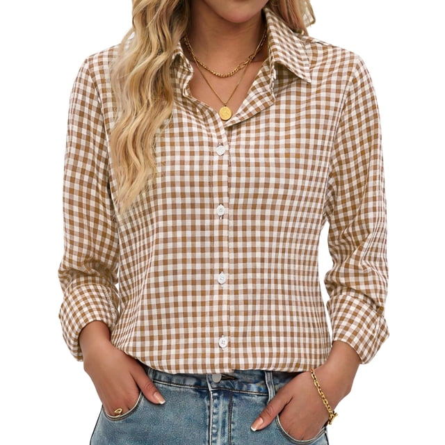 Fantaslook Plaid Button Down Shirts for Women Dressy Casual Long Sleeve Shirts Collared Work Blouses Tops
