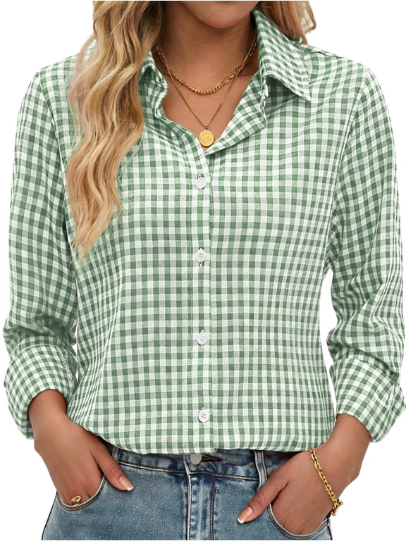 Plaid Button Down Shirts for Women Dressy Casual Long Sleeve Shirts Collared Work Blouses Tops