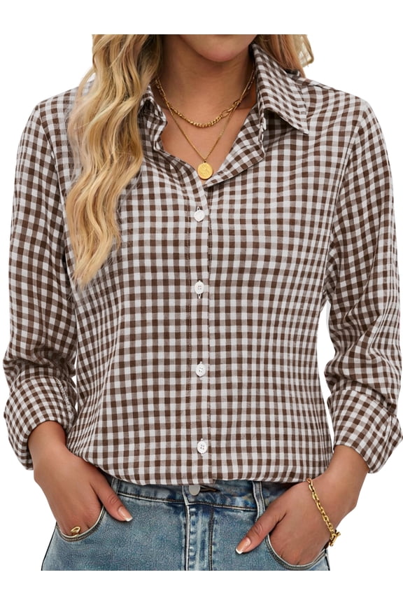 Plaid Button Down Shirts for Women Dressy Casual Long Sleeve Shirts Collared Work Blouses Tops