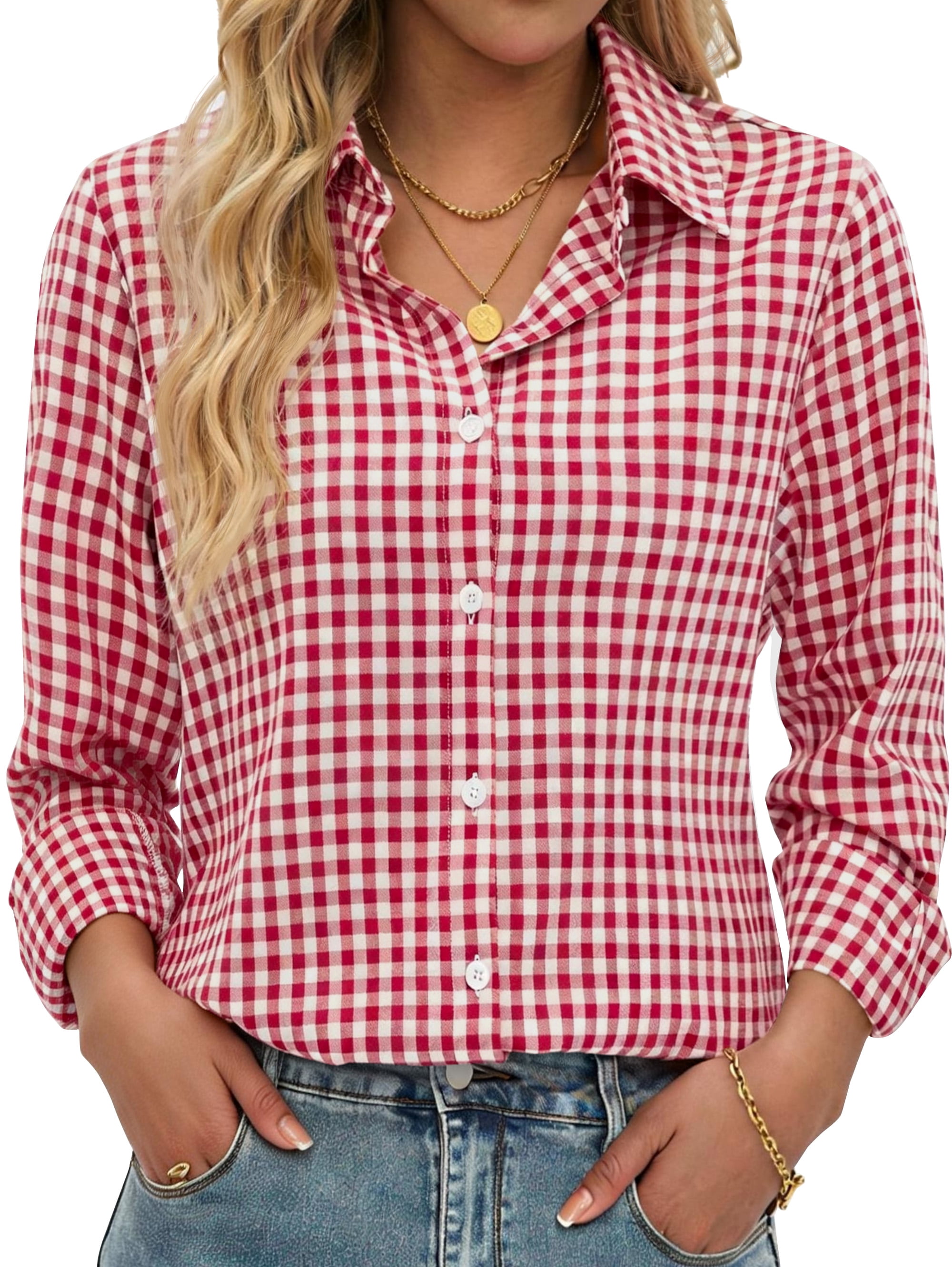 Fantaslook Plaid Button Down Shirts for Women Dressy Casual Long Sleeve Shirts Collared Work Blouses Tops