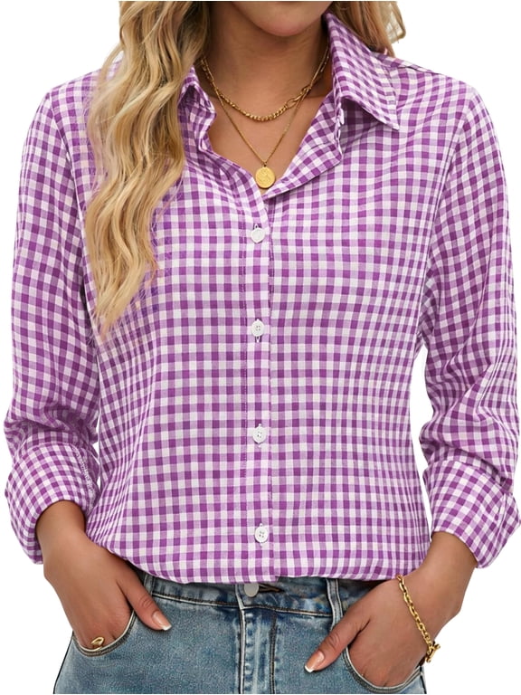 Plaid Button Down Shirts for Women Dressy Casual Long Sleeve Shirts Collared Work Blouses Tops