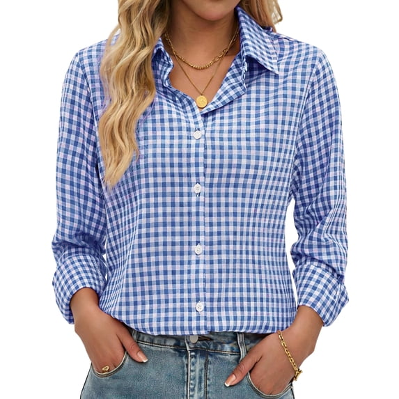 Fantaslook Plaid Button Down Shirts for Women Dressy Casual Long Sleeve Shirts Collared Work Blouses Tops