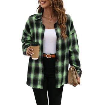 Fantaslook Plaid Flannel Shirts for Women Oversized Long Sleeve Button Down Shirts Blouses Tops