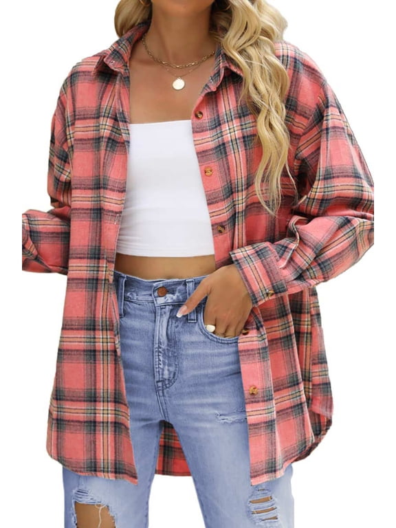 Plaid Flannel Shirts for Women Oversized Long Sleeve Button Down Shirts Blouses Tops