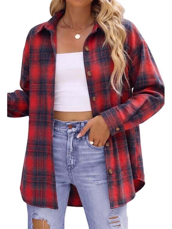 Plaid Flannel Shirts for Women Oversized Long Sleeve Button Down Shirts Blouses Tops