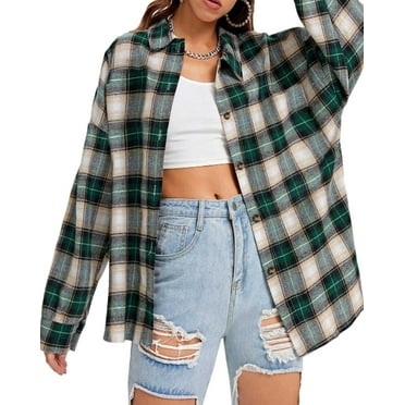 Fantaslook Plaid Flannel Shirts for Women Oversized Long Sleeve Button Down Shirts Blouses Tops