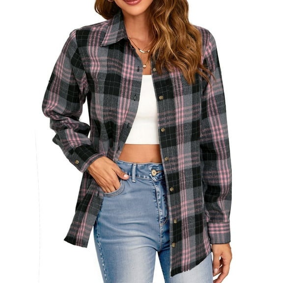Fantaslook Plaid Flannel Shirts for Women Oversized Long Sleeve Button Down Shirts Blouses Tops