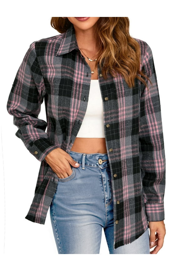 Plaid Flannel Shirts for Women Oversized Long Sleeve Button Down Shirts Blouses Tops