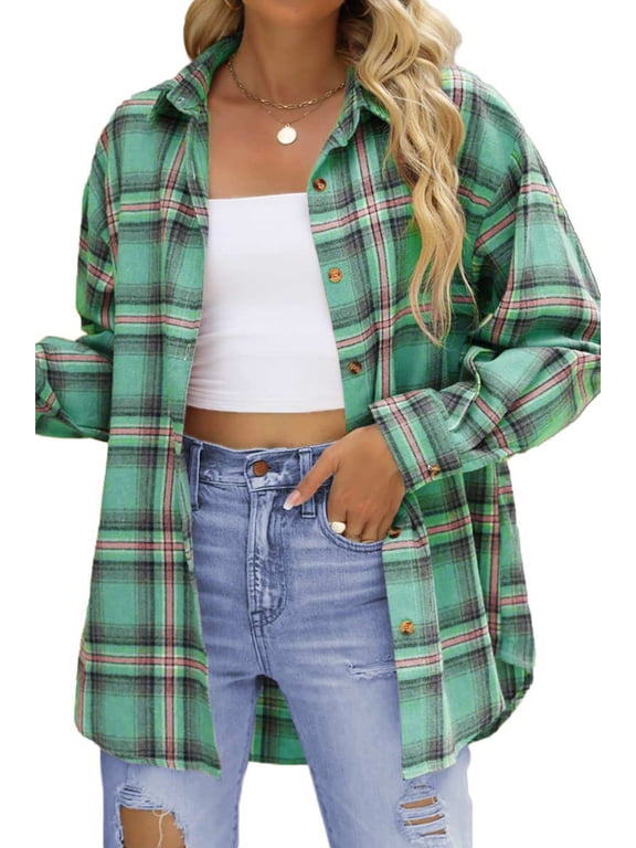 Plaid Flannel Shirts for Women Oversized Long Sleeve Button Down Shirts Blouses Tops